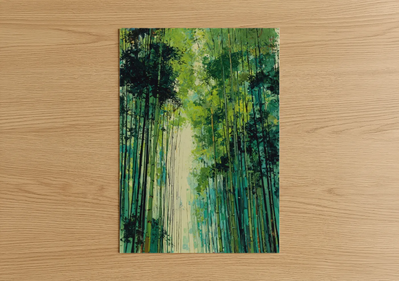 Bamboo jungle art print on warm oak wood — green and light green palette — Emerald Bamboo Forest poster
