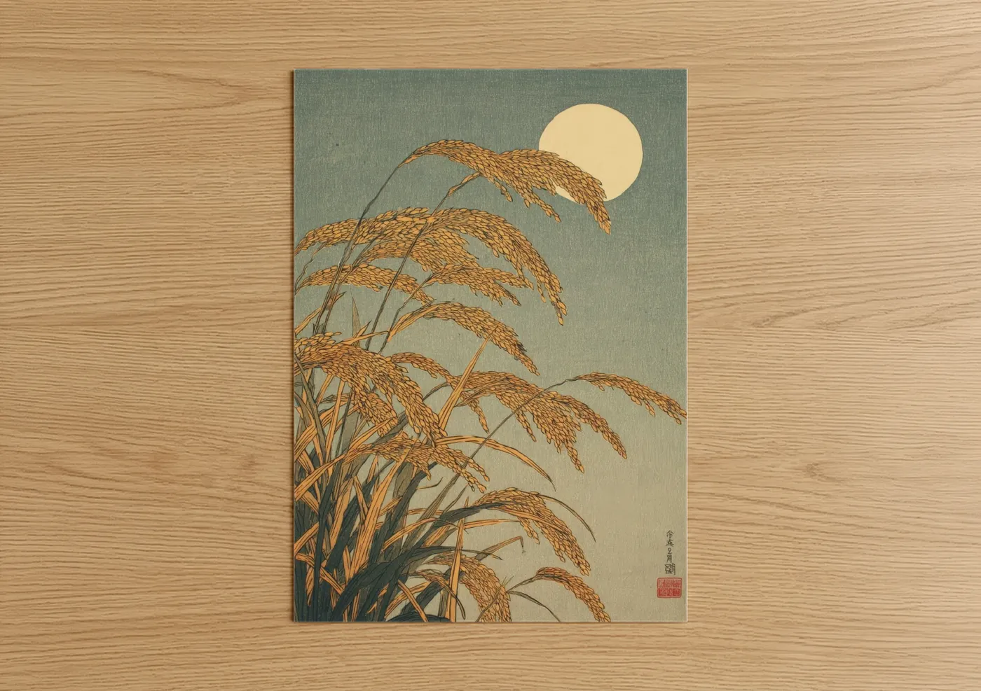 Art print on warm oak wood — sage green and gold palette — Moonlit Grain poster