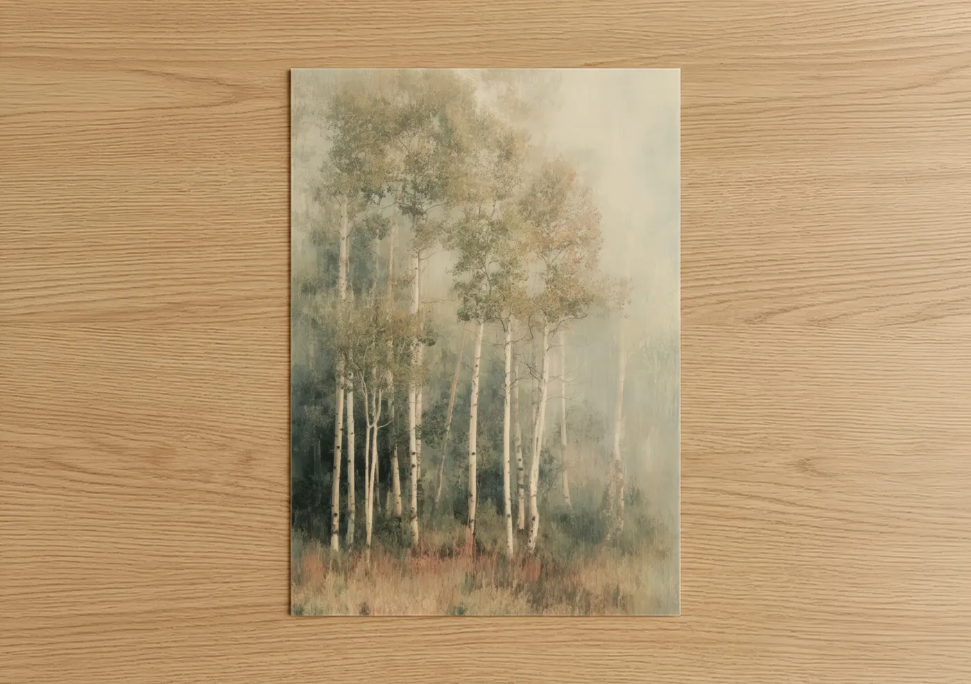 Art print on warm oak wood — cream and sage green palette — Misty Aspen Forest poster