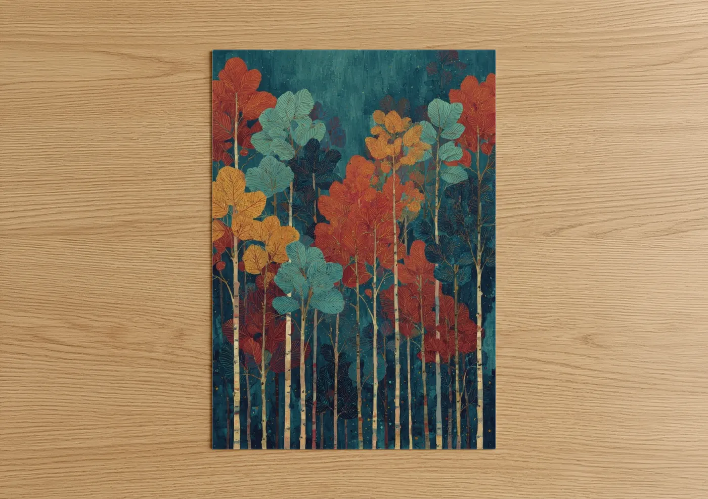 Birch tree art print on warm oak wood — teal and orange palette — Autumn Birch Forest poster