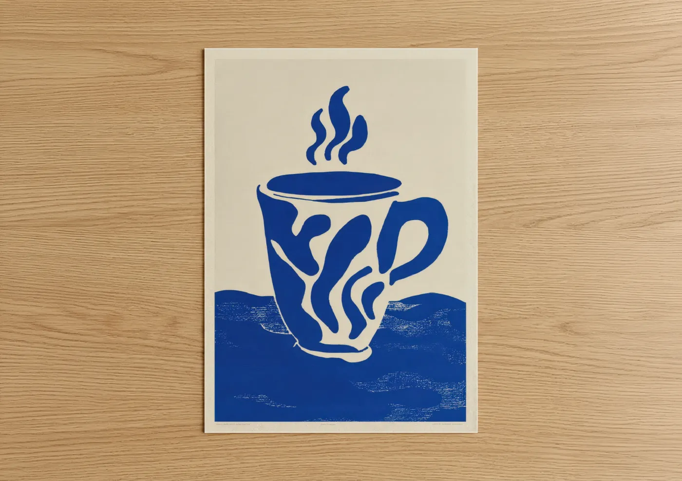 Art print on warm oak wood — blue and cream palette — Steaming Coffee Abstract poster