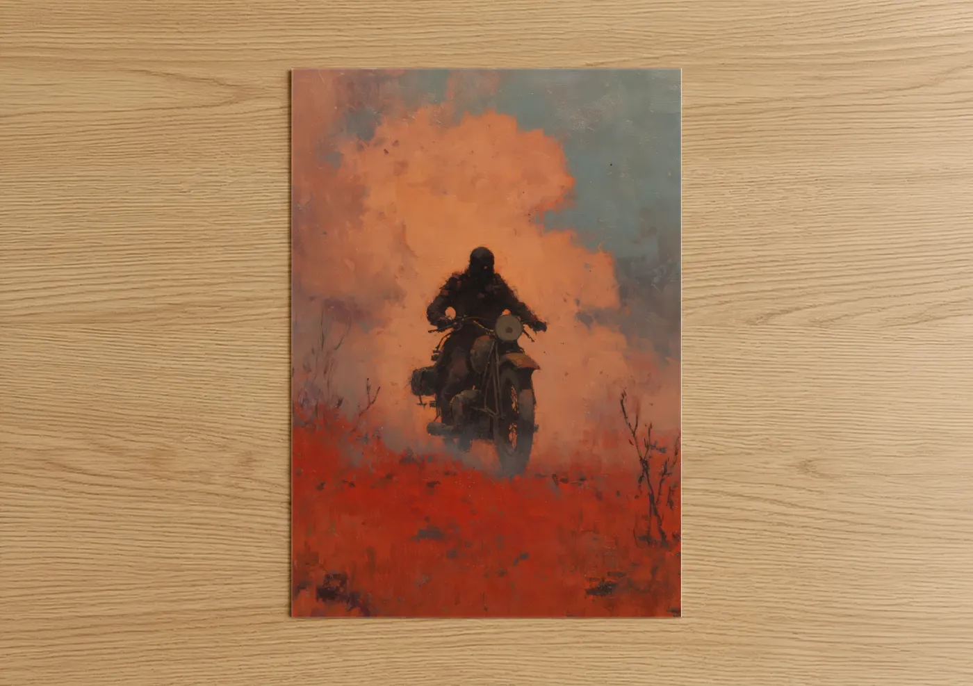 Vintage motorcycle art print on warm oak wood — pumpkin and teal palette — Desert Rider poster