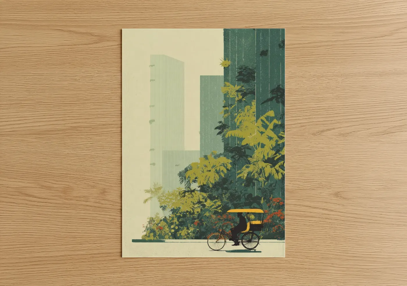 Urban Rickshaw with Yellow Foliage Wall Art