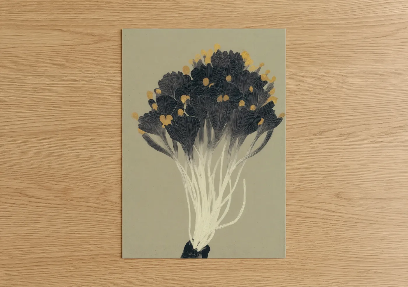 Art print on warm oak wood — cream and gold palette — Golden Sea Anemone poster