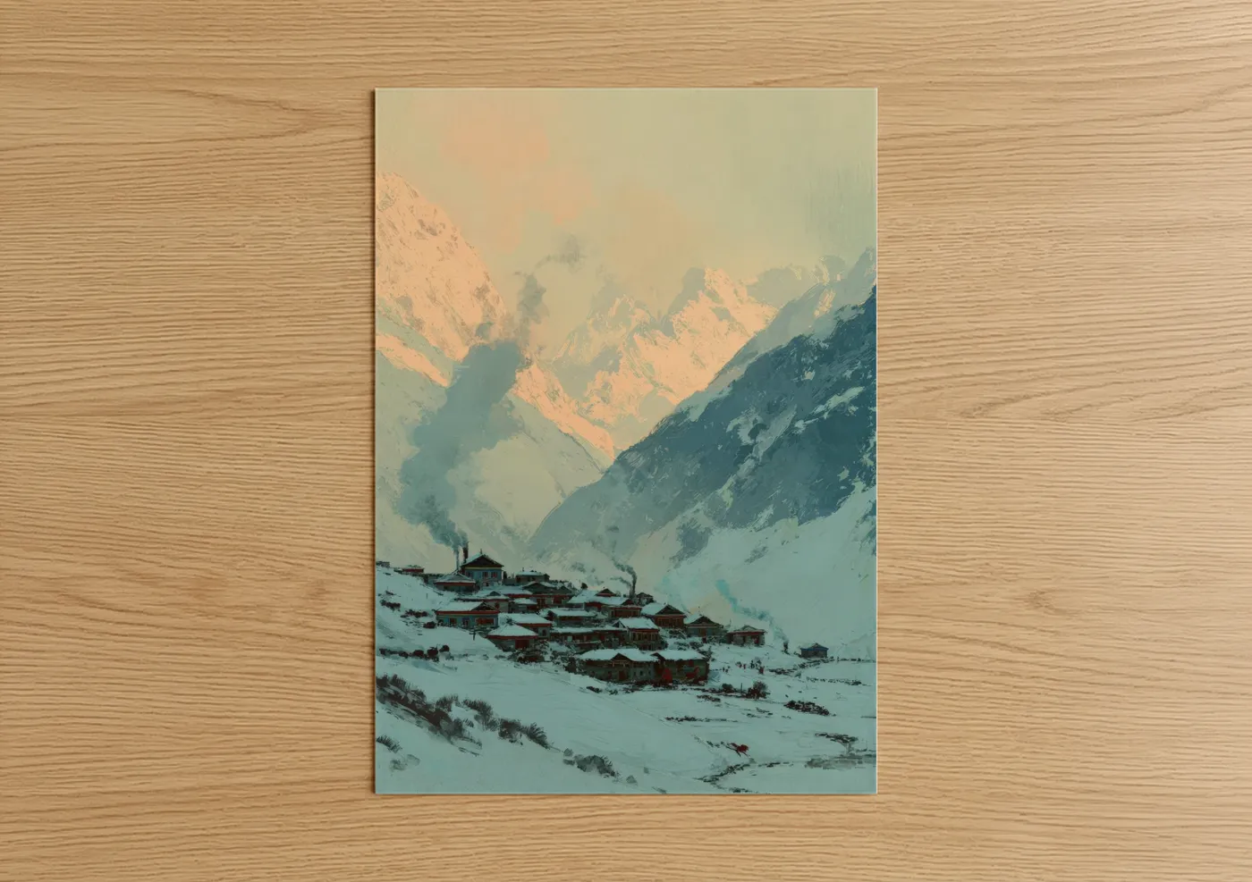 Snowy Himalayan Village Winter Landscape Wall Art