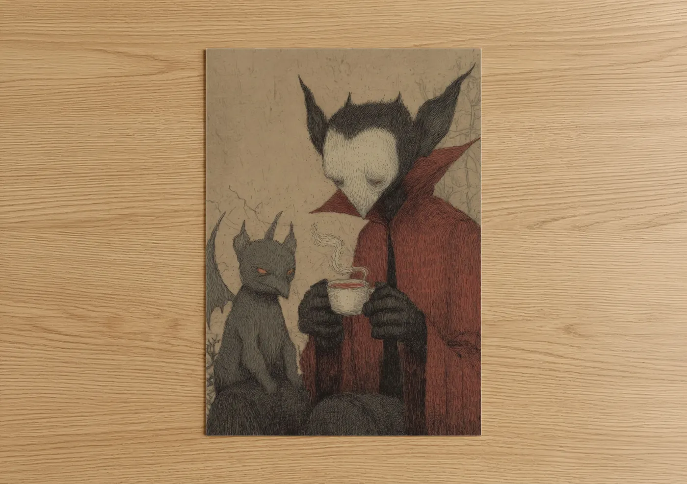 Art print on warm oak wood — maroon and black palette — Crimson Vampire poster