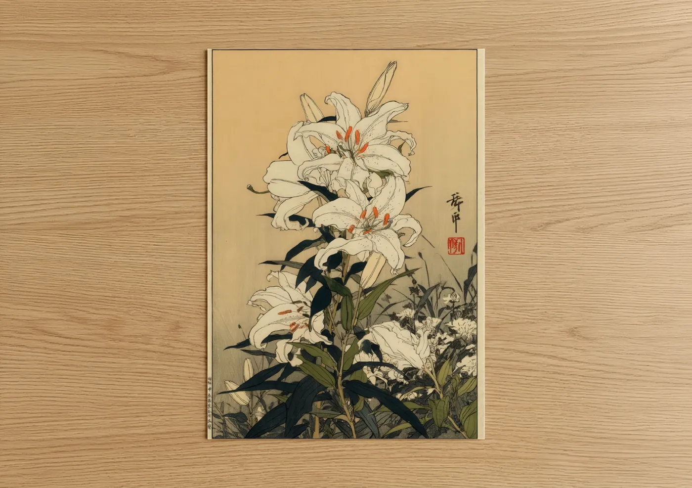Amarillys art print on warm oak wood — cream and black and white palette — White Amaryllis Study poster