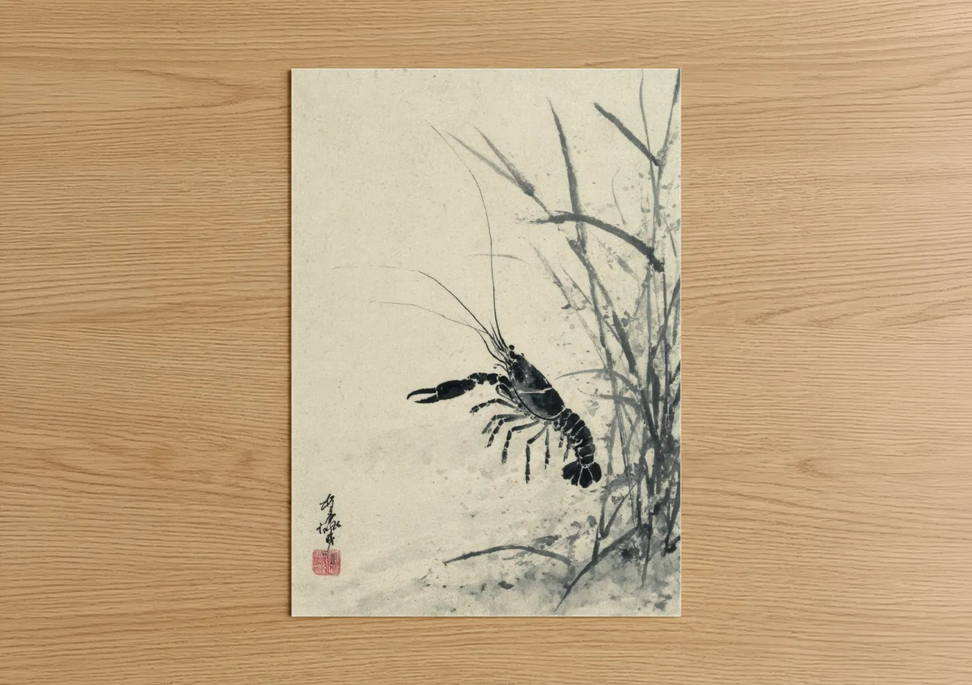 Art print on warm oak wood — black and white and cream palette — Brushstroke Crayfish poster
