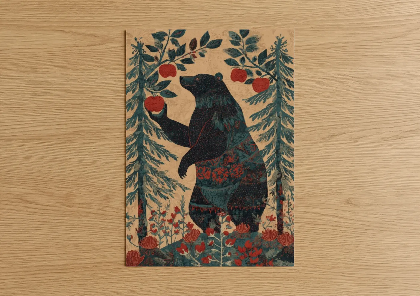Foraging Grizzly Bear Forest Illustration Wall Art