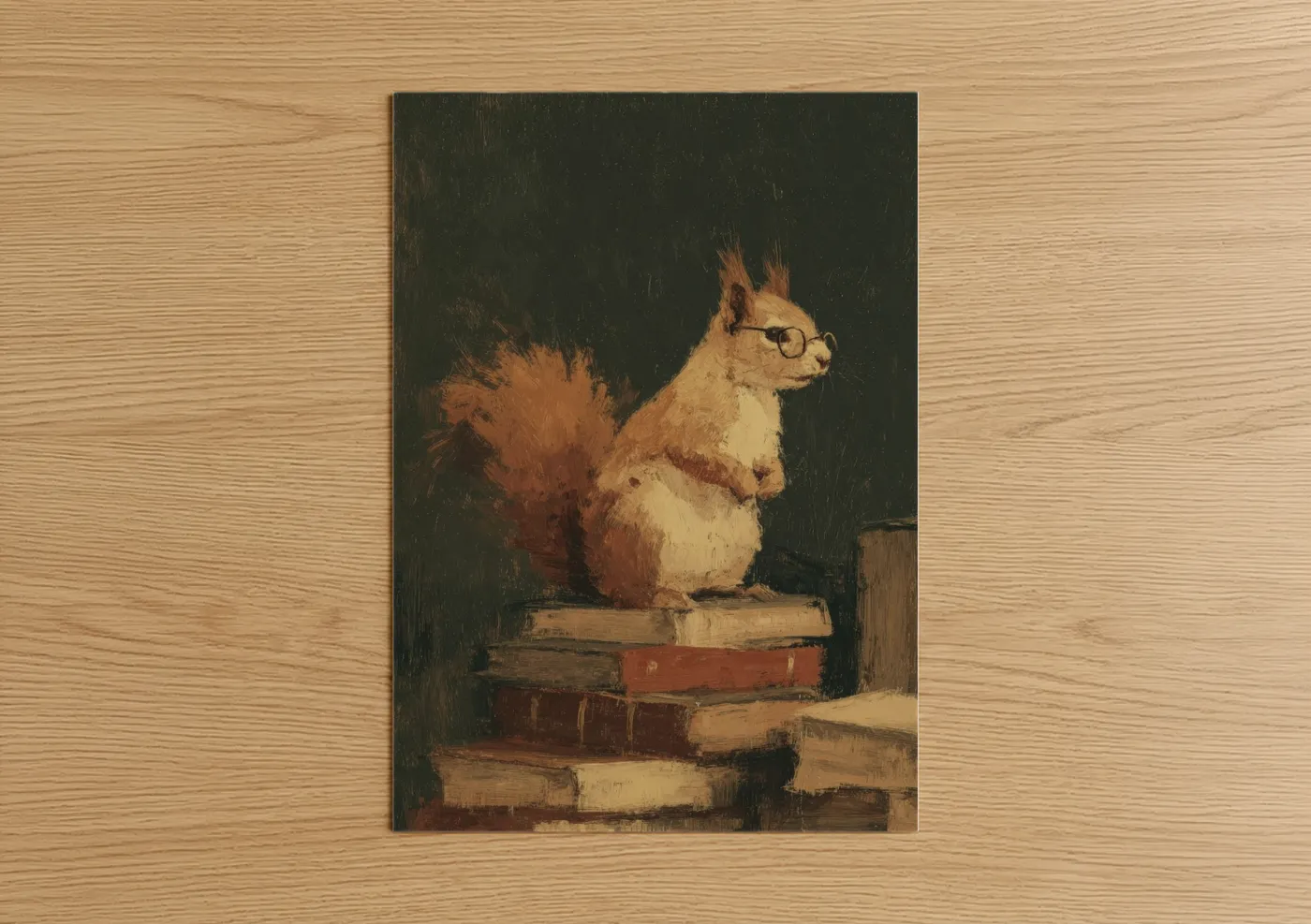 Art print on warm oak wood — russet and cream palette — Scholarly Squirrel poster