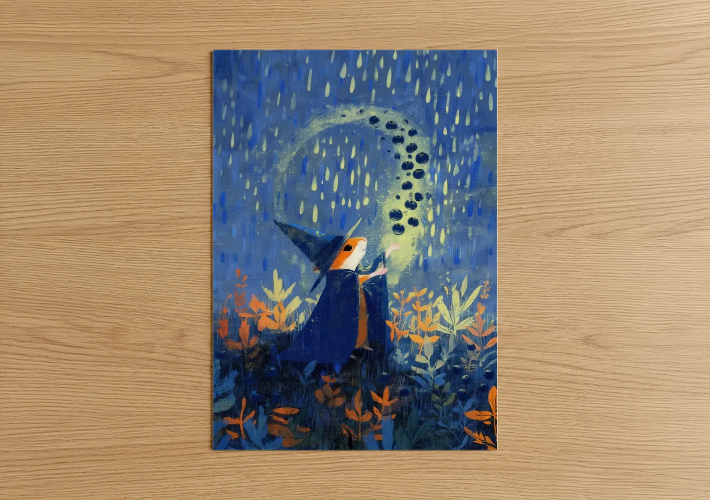 Art print on warm oak wood — blue and gold palette — Magical Hamster poster