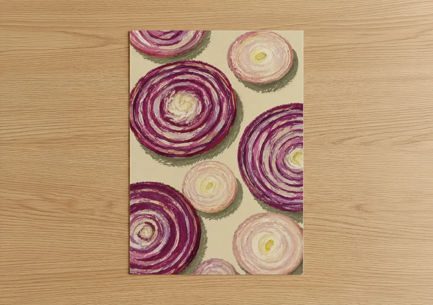Vegetable art print on warm oak wood — maroon and cream palette — Red Onion Cross Section Wall Art poster