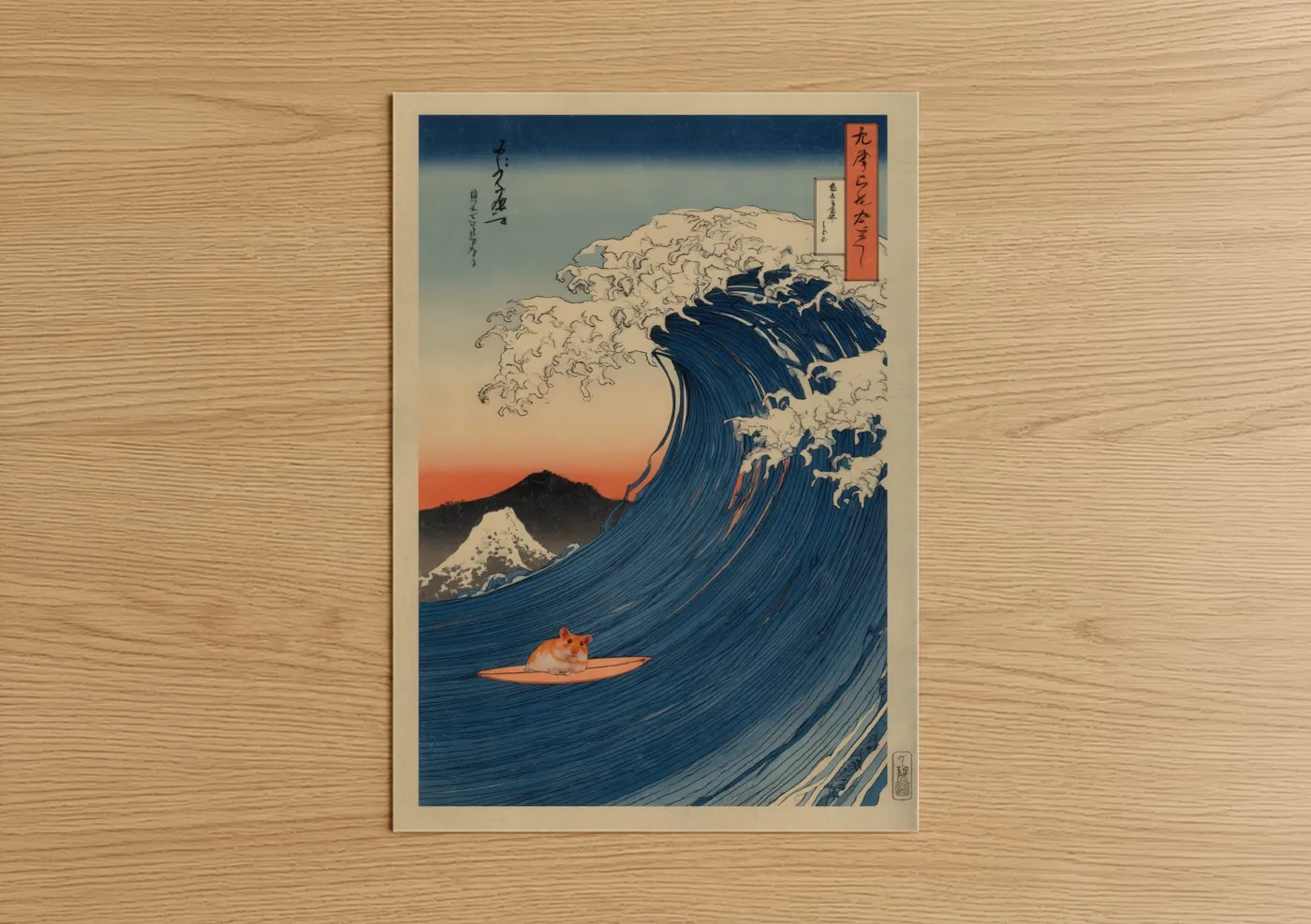 Hamster Surfing Great Wave Wall Art