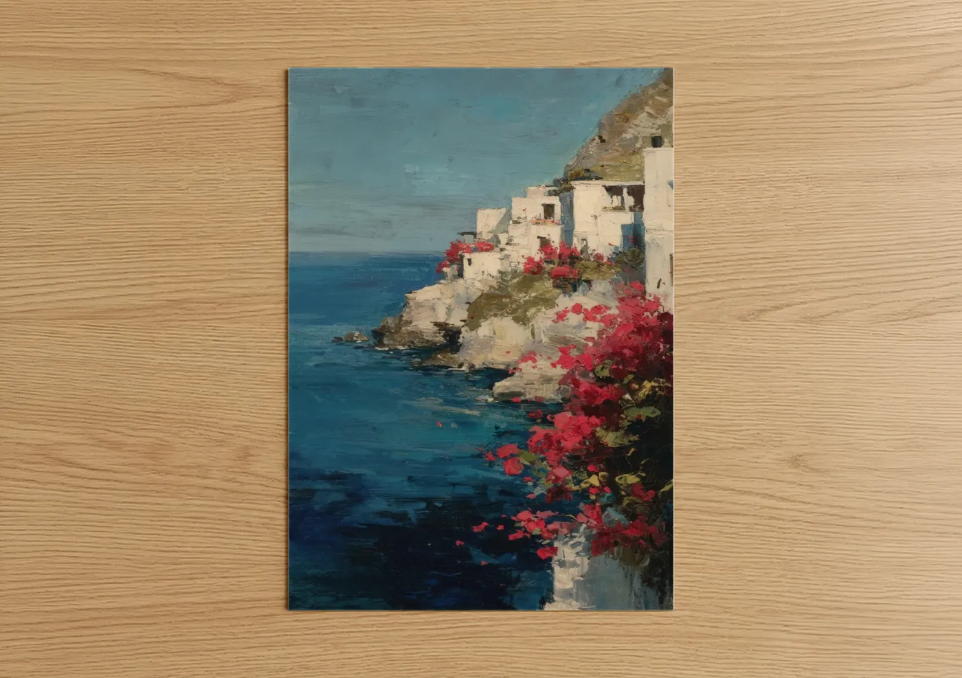 Island art print on warm oak wood — blue and magenta palette — Crimson Coastal Village poster