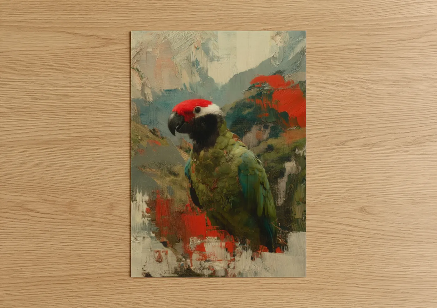 Safari parrots art print on warm oak wood — red and green palette — Crimson Macaw poster