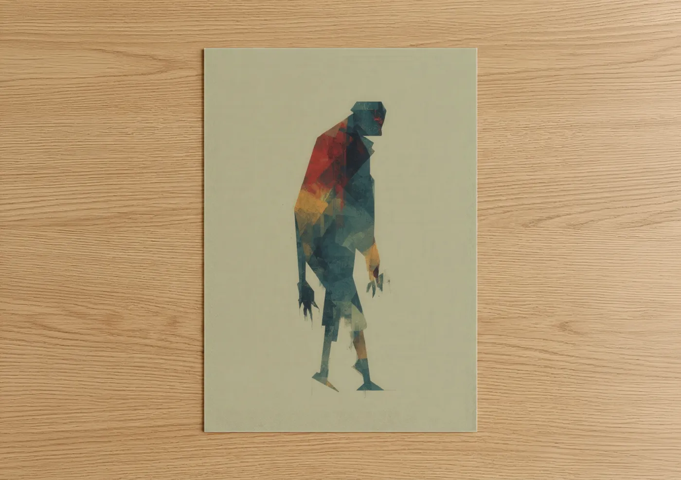 Art print on warm oak wood — teal and russet palette — Geometric Zombie poster