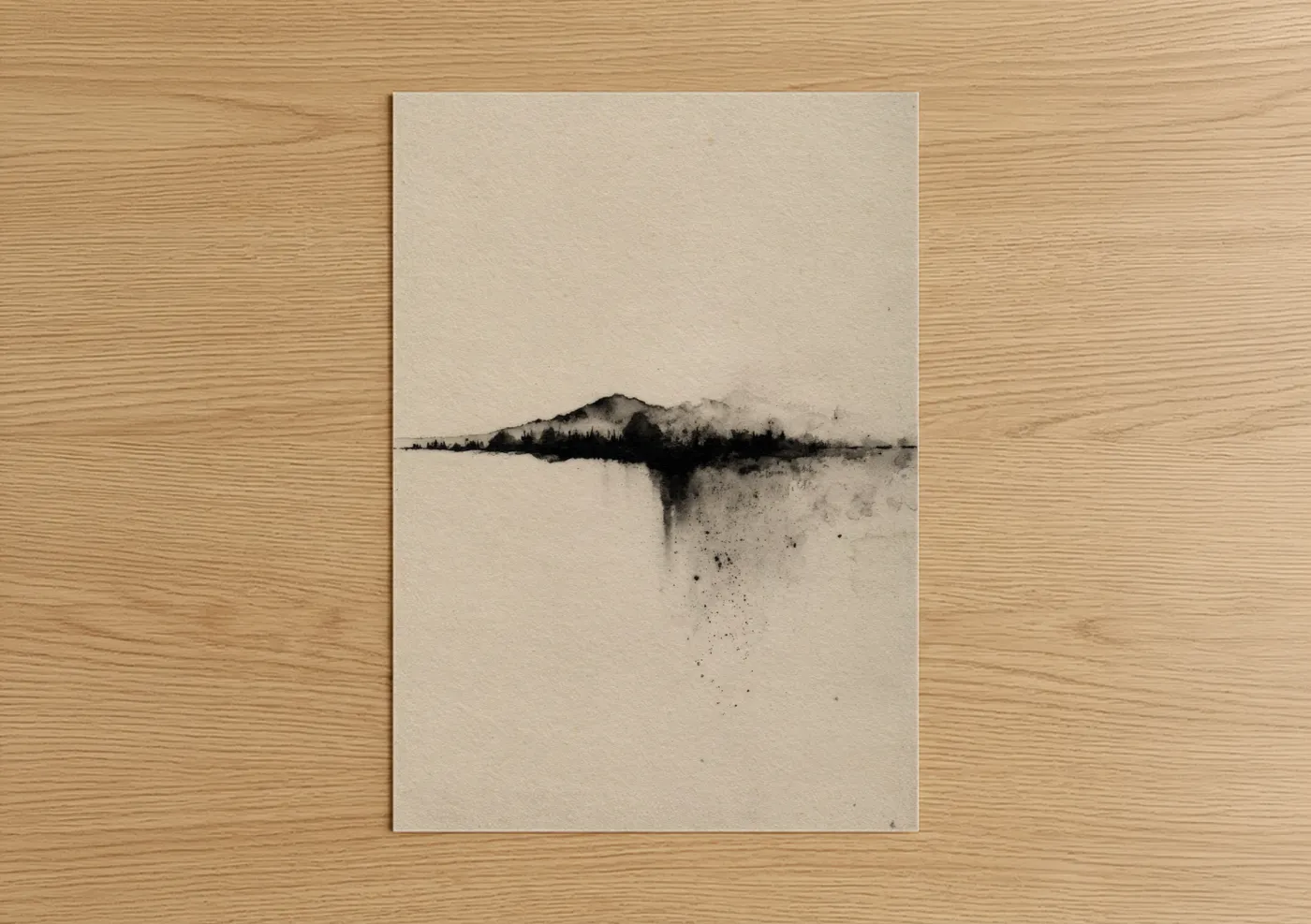 Abstract minimalist art print on warm oak wood — black and white and cream palette — Misty Reflection poster
