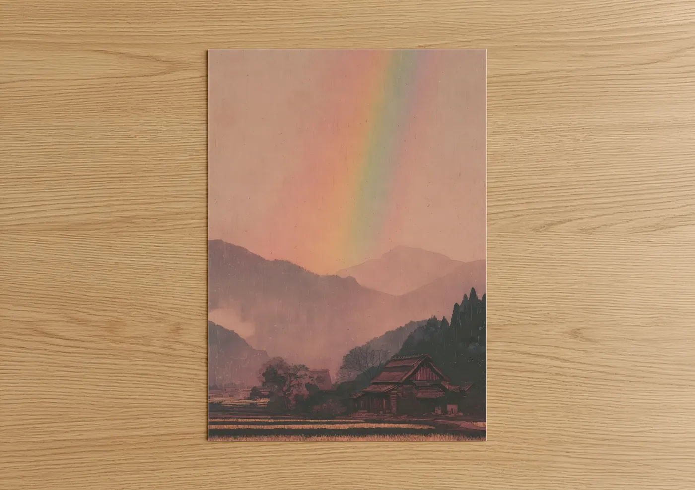 Mountain Rainbow Sunrise Over Village Wall Art