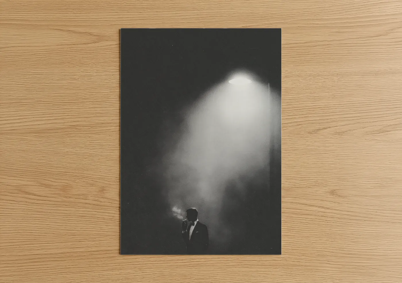 Smoke art print on warm oak wood — black and white palette — Spotlight Solitude poster