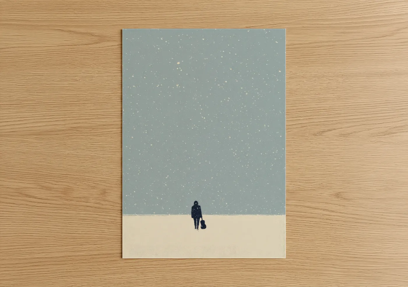 Art print on warm oak wood — gray and white and blue and white palette — Snowy Solitude Musician poster