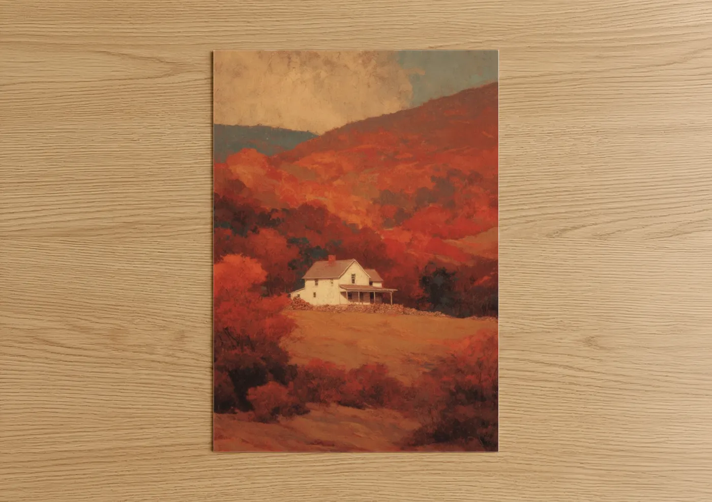 Crimson Hillside Cottage Landscape Wall Art