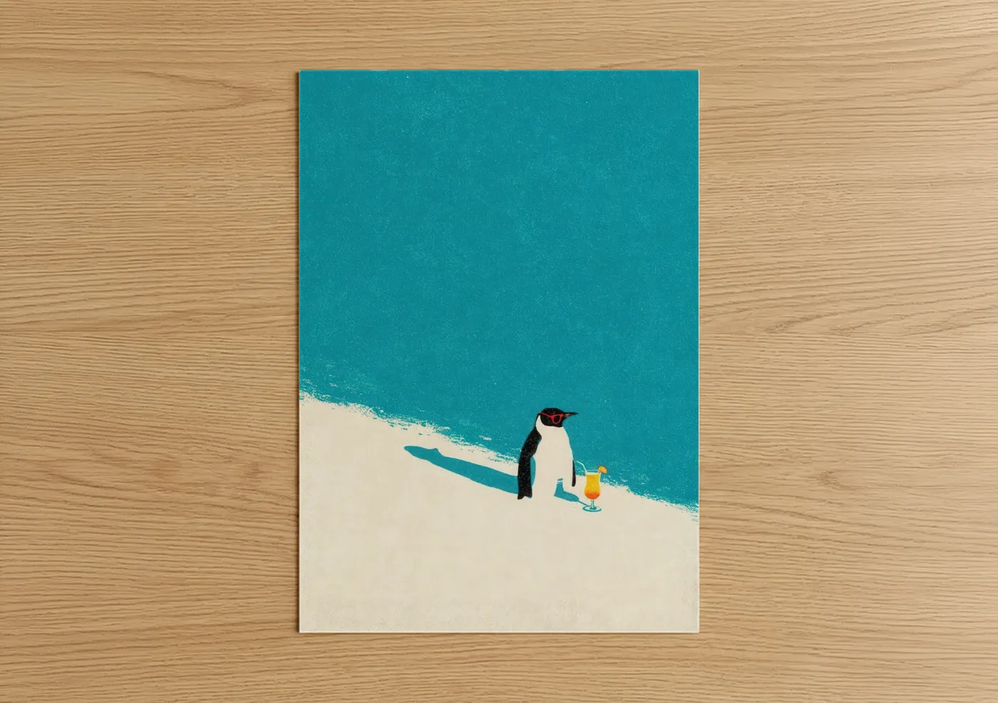 Art print on warm oak wood — turquoise and cream palette — Beachside Penguin poster