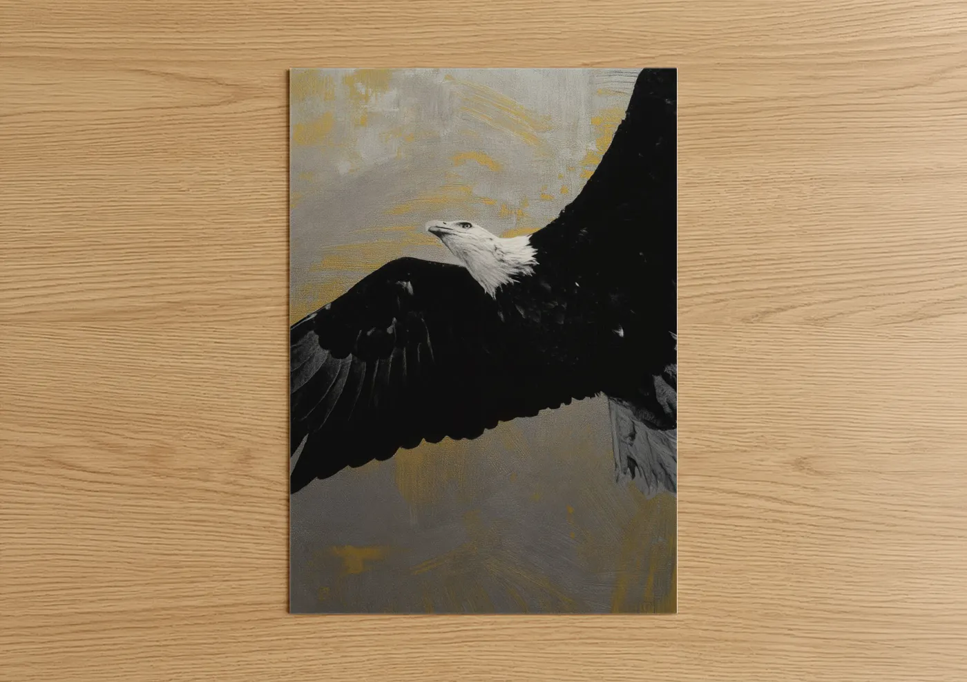 Art print on warm oak wood — gold and black and white palette — Soaring Eagle poster