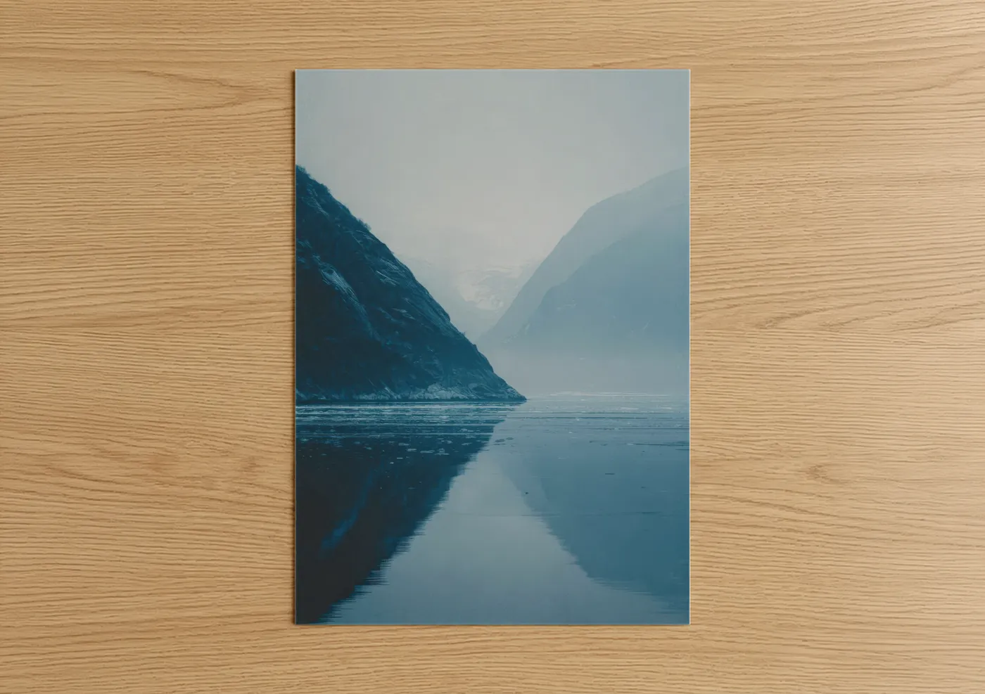 Art print on warm oak wood — blue and gray palette — Misty Glacier Valley poster
