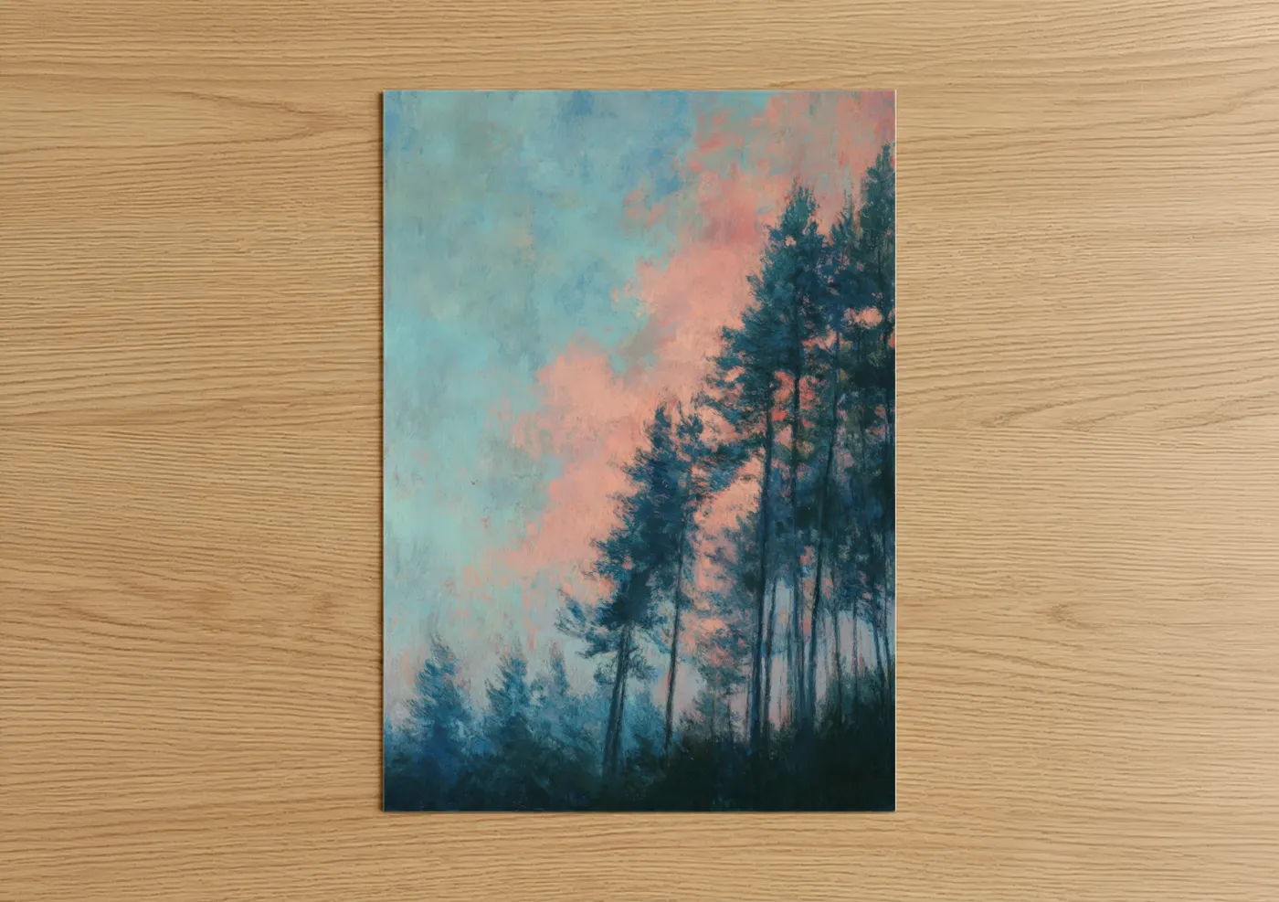 Art print on warm oak wood — blue and salmon pink palette — Sunrise Pine Forest poster