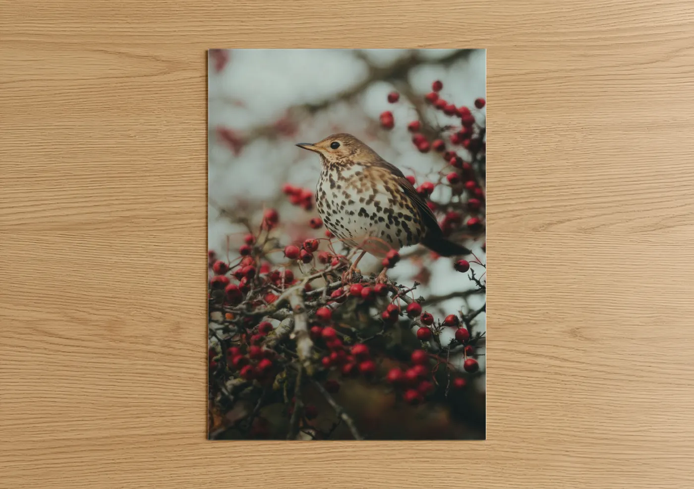 Art print on warm oak wood — cream and red palette — Winter Thrush poster