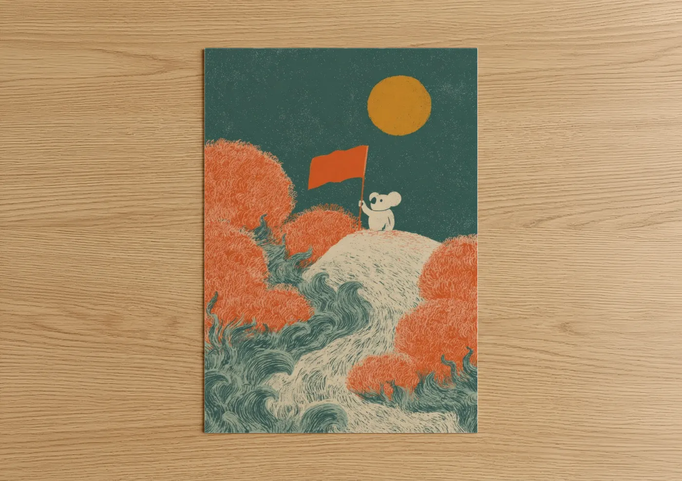 Art print on warm oak wood — teal and salmon pink palette — Ambitious Koala poster