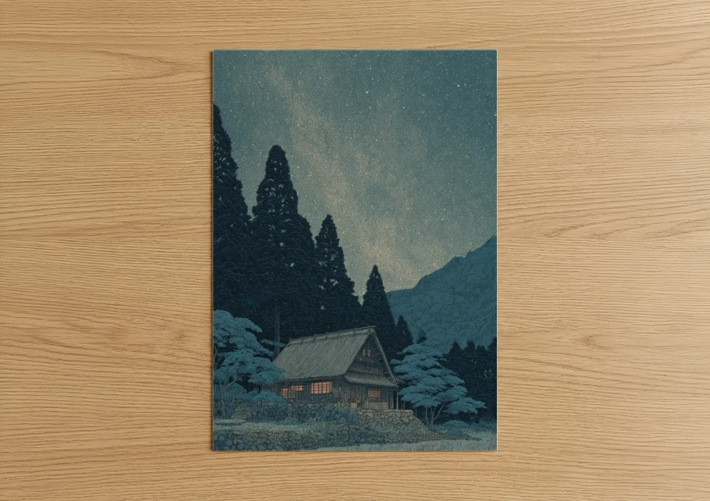 House art print on warm oak wood — dark blue and blue and white palette — Starlit Mountain Cabin poster