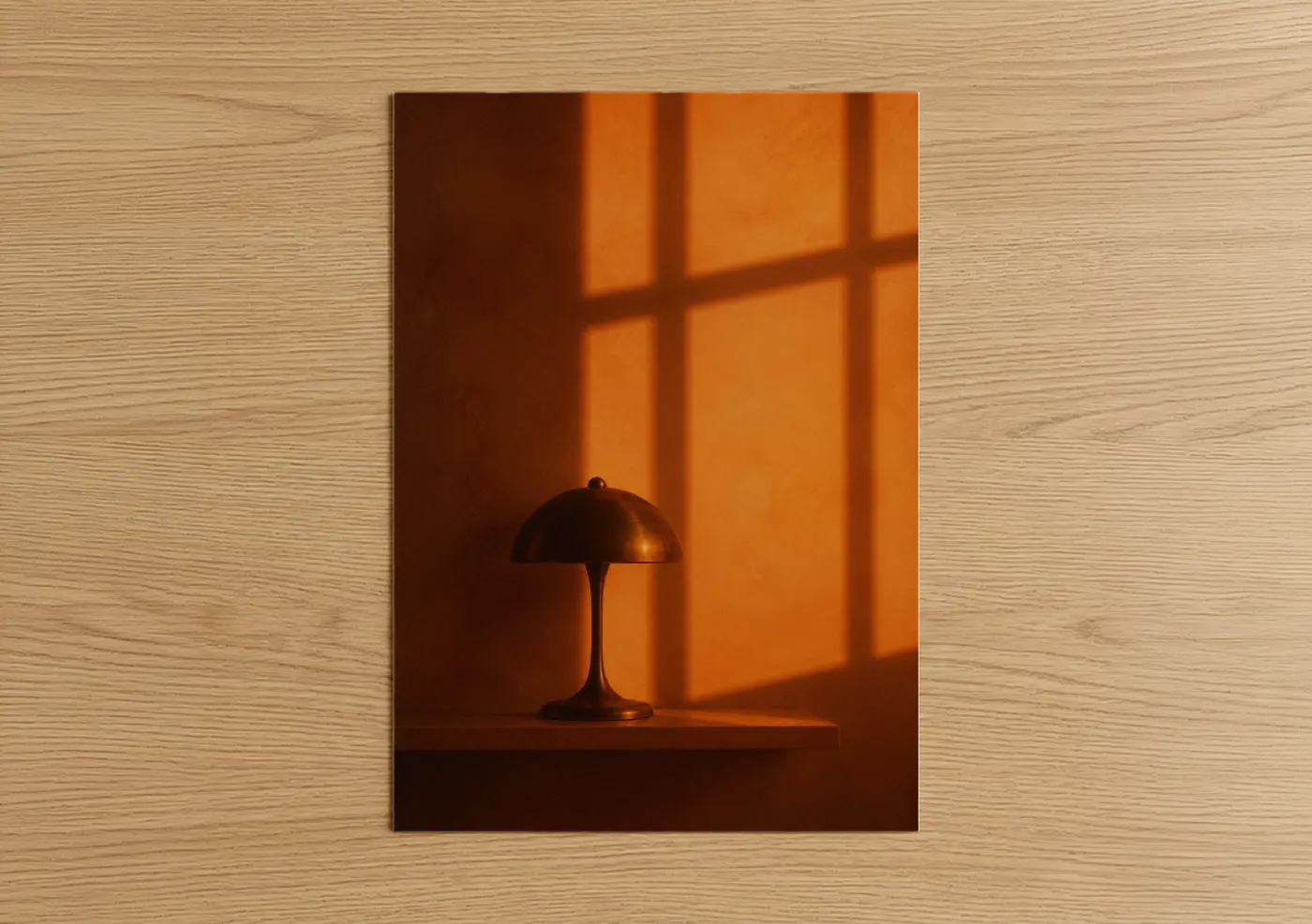 Art print on warm oak wood — orange and espresso palette — Warm Sunset Window Shadow Wall Art poster