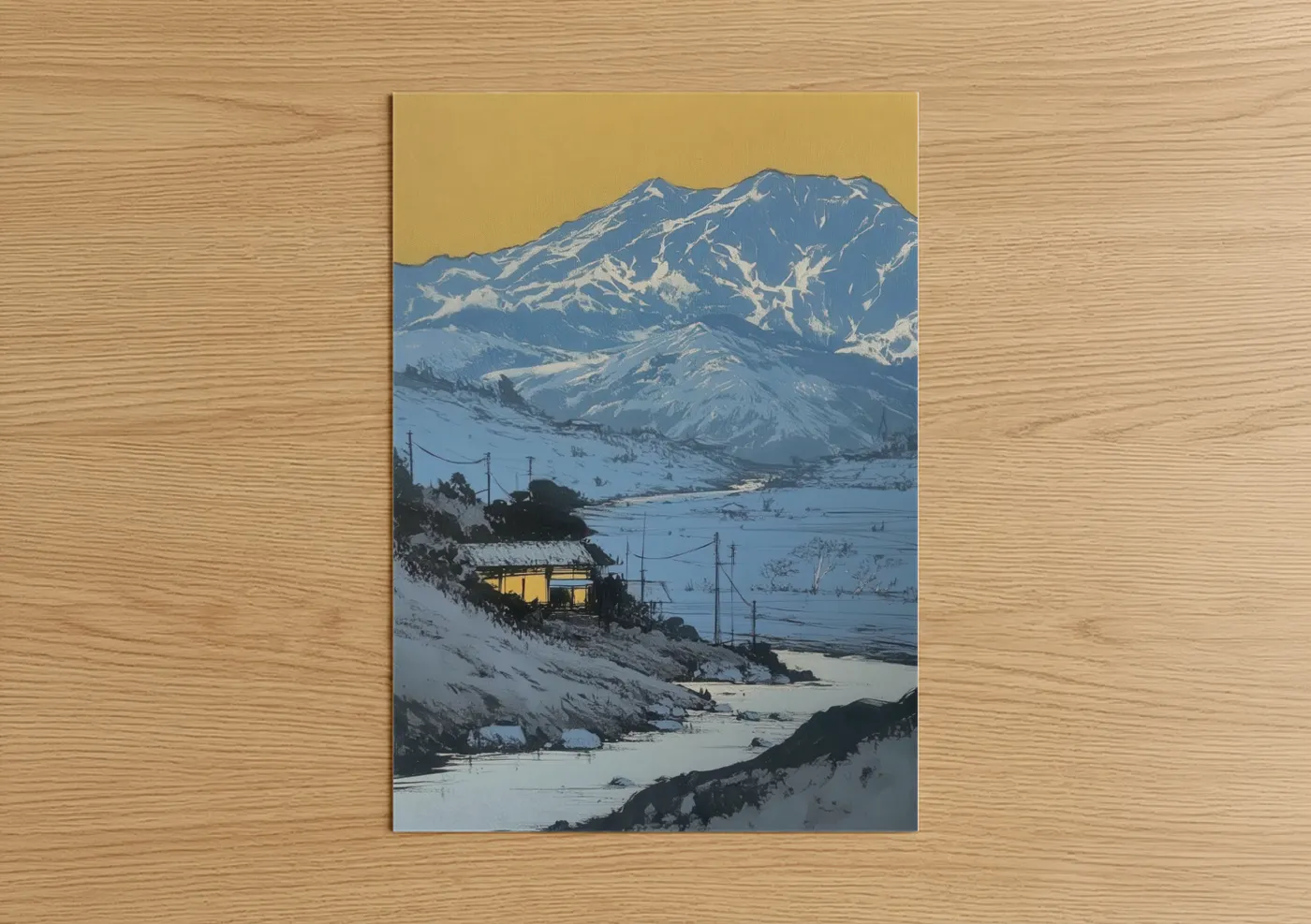 Various landscapes art print on warm oak wood — blue and gold palette — Snowy Mountain Valley poster