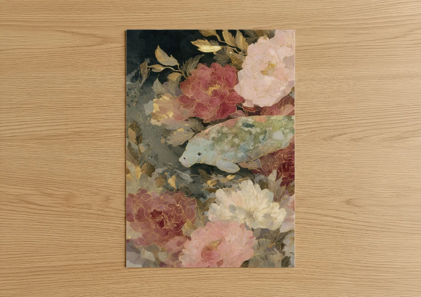 Manatees art print on warm oak wood — rose gold and cream palette — Floral Manatee poster