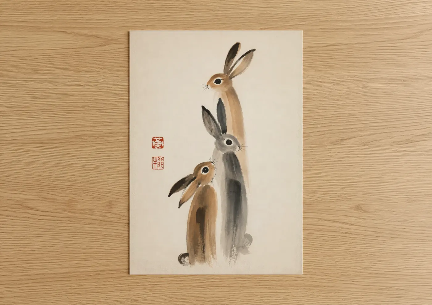 Art print on warm oak wood — beige and black and white palette — Japanese Rabbit Trio Wall Art poster