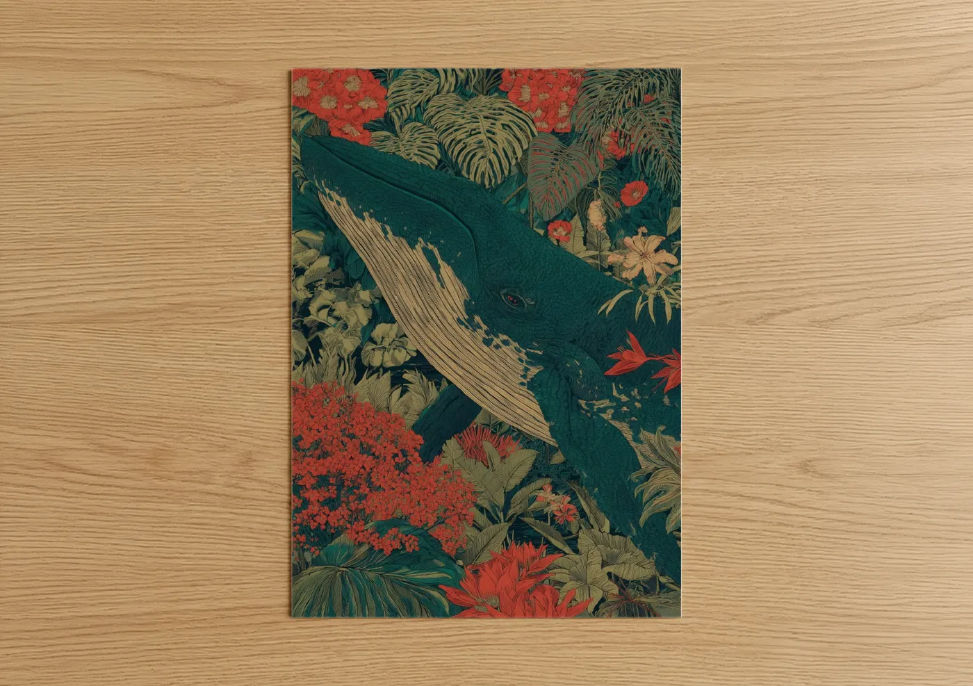 Blue Whale Tropical Floral Illustration Wall Art