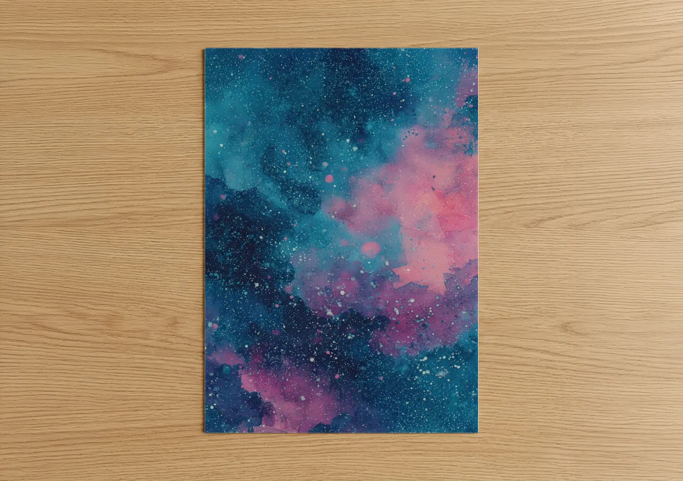 Galaxy art print on warm oak wood — teal and magenta palette — Cosmic Nebula poster