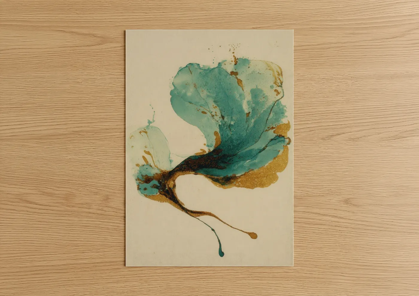 Art print on warm oak wood — teal and gold palette — Teal Nautilus poster