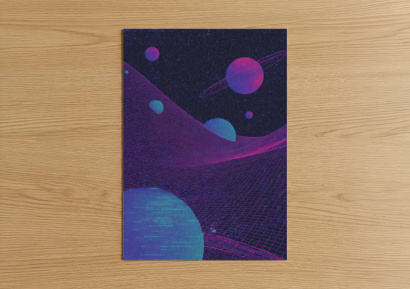 Art print on warm oak wood — magenta and blue palette — Neon Star System poster