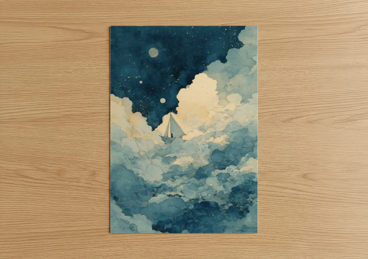 Starlit Sailing Ship Night Sky Watercolor Wall Art