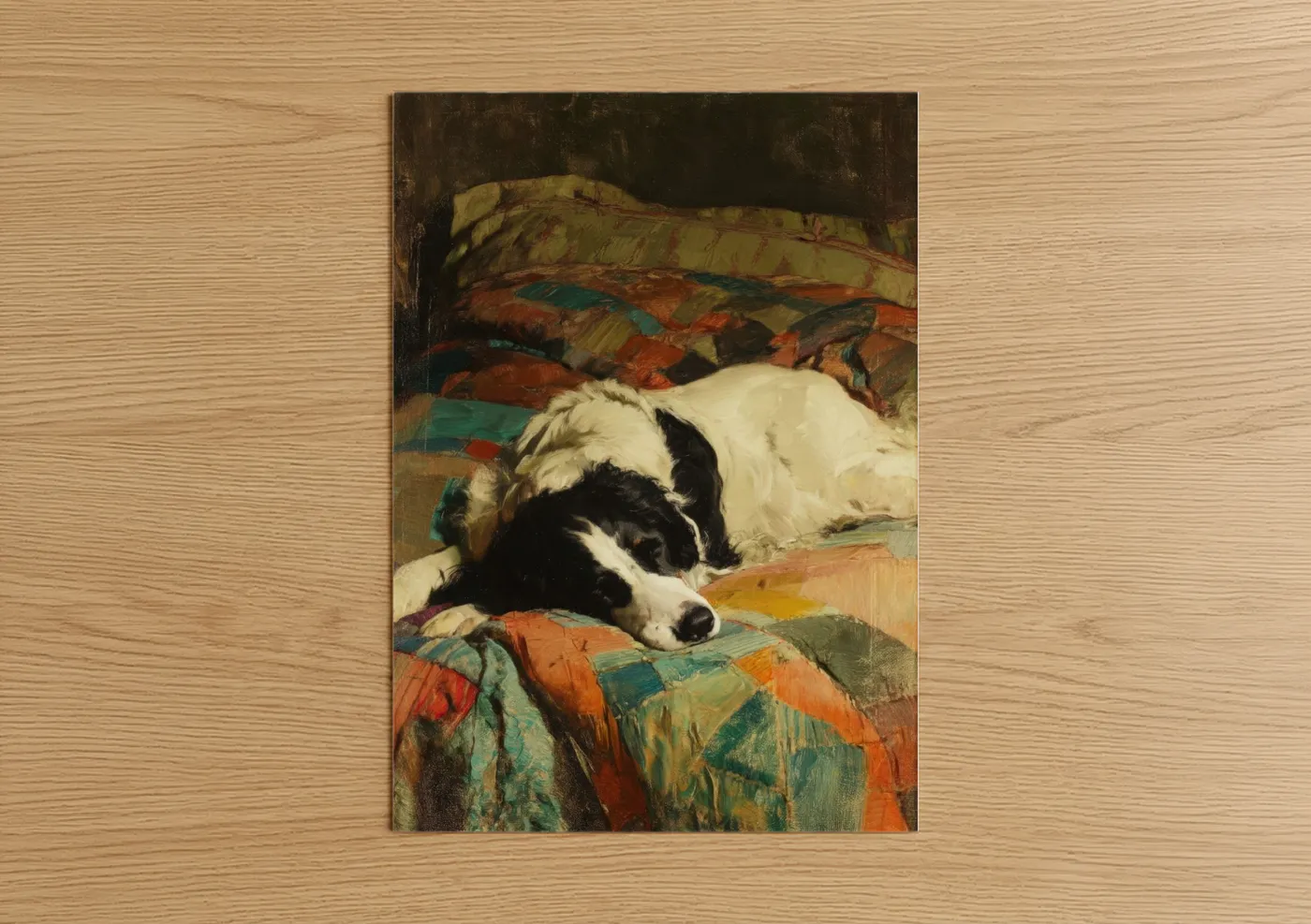 Black and White Spaniel Resting on Quilts Wall Art