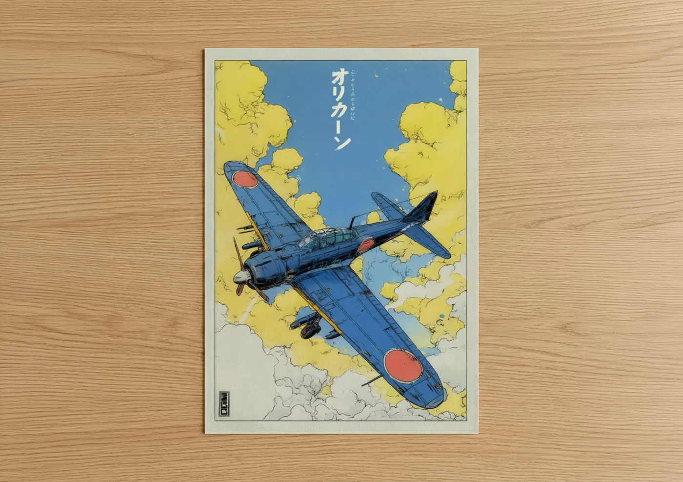 Vintage airplane art print on warm oak wood — blue and yellow gold palette — Blue Orient poster