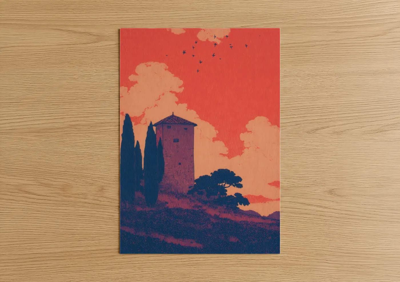Towers art print on warm oak wood — red and gold palette — Tuscan Tower Sunset poster