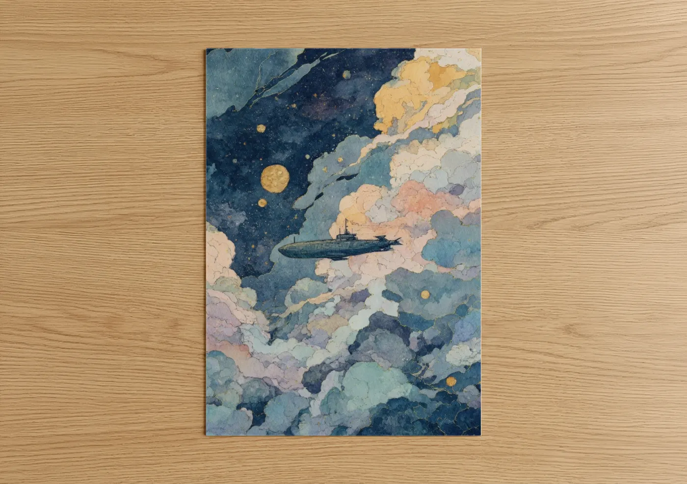 Art print on warm oak wood — dark blue and gold palette — Submarine Dreamscape poster