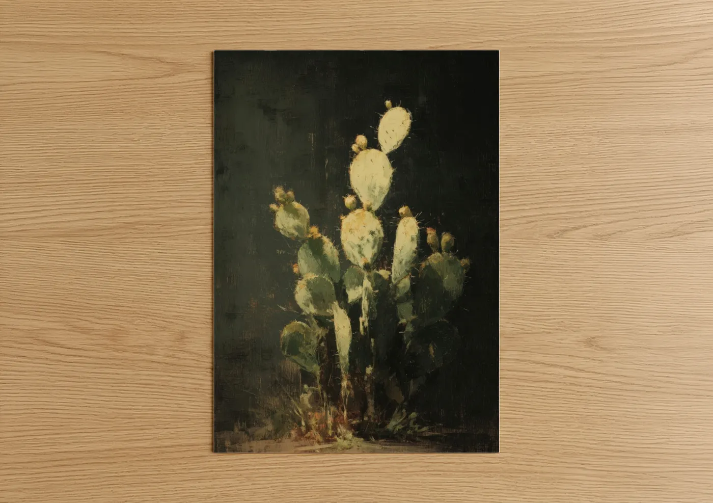 Cactus art print on warm oak wood — gold and black palette — Desert Prickly Pear poster