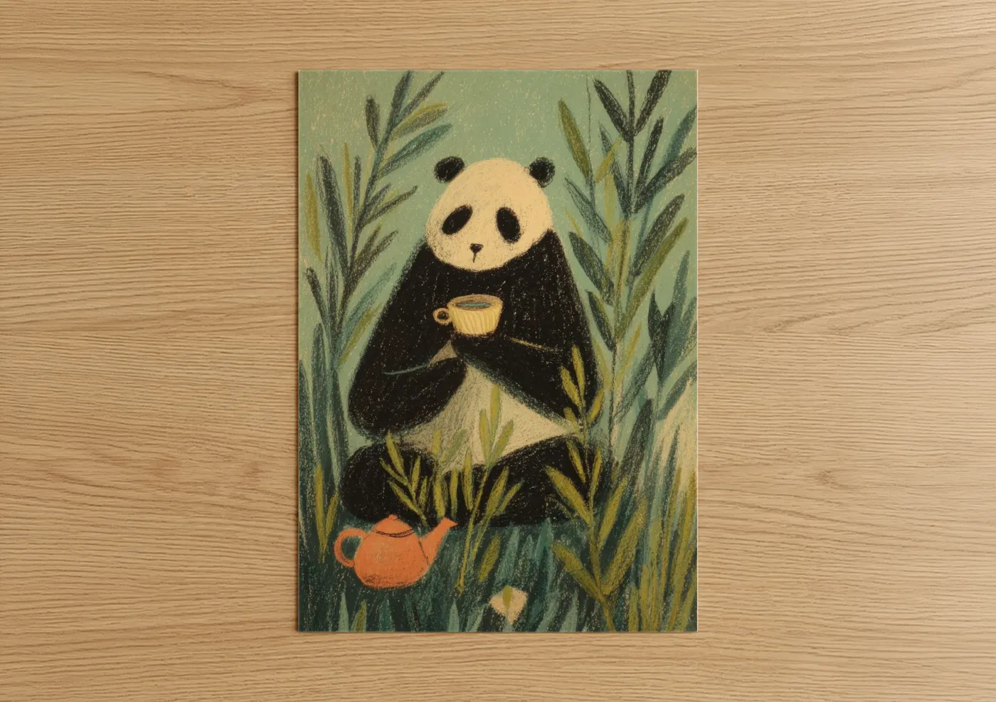 Zen Panda With Tea Cup Bamboo Forest Wall Art