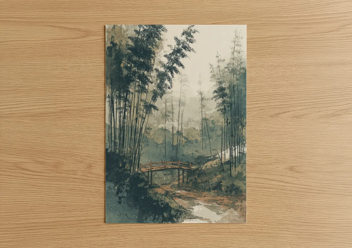 Misty Bamboo Forest Bridge Landscape Wall Art