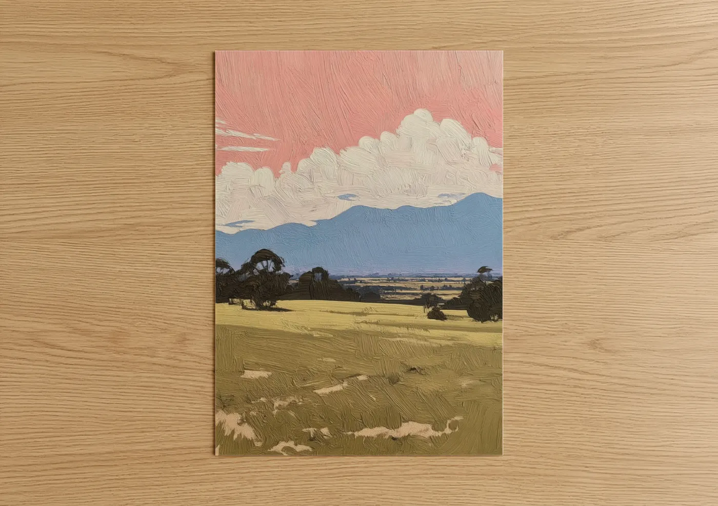 Various landscapes art print on warm oak wood — yellow gold and blue palette — Golden Valley Vista poster