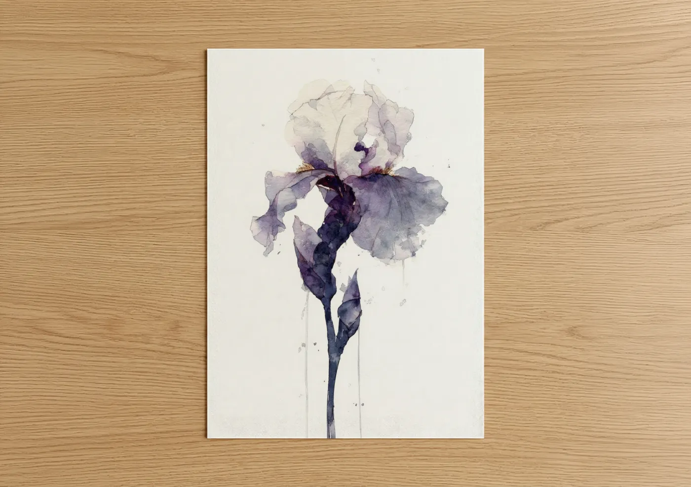Art print on warm oak wood — lavender and gray palette — Purple Iris Watercolor poster